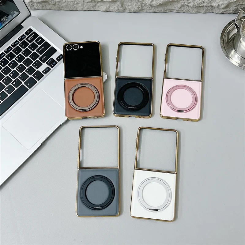 For Samsung Galaxy Z Flip7 5G Magnetic Case with Rotating Kickstand Nappa Texture PU TPU PC Phone Back Cover - Pink