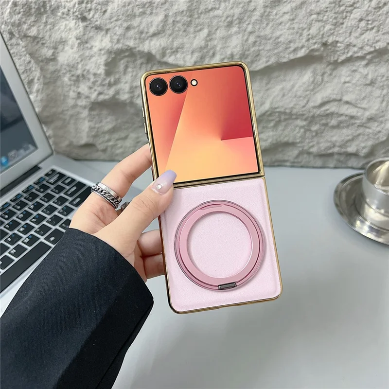 For Samsung Galaxy Z Flip7 5G Magnetic Case with Rotating Kickstand Nappa Texture PU TPU PC Phone Back Cover - Pink