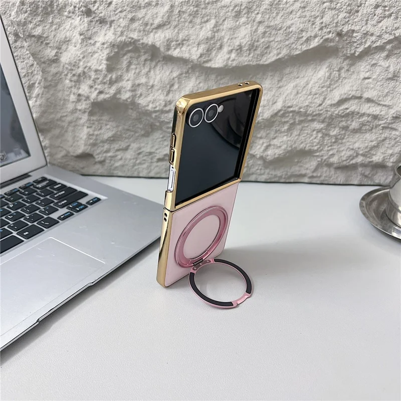 For Samsung Galaxy Z Flip7 5G Magnetic Case with Rotating Kickstand Nappa Texture PU TPU PC Phone Back Cover - Pink