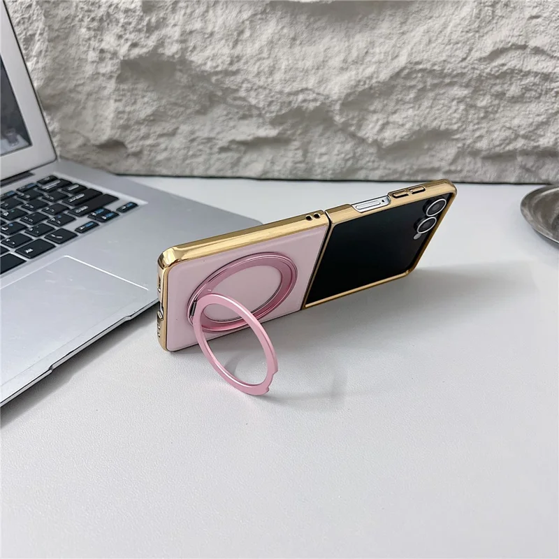 For Samsung Galaxy Z Flip7 5G Magnetic Case with Rotating Kickstand Nappa Texture PU TPU PC Phone Back Cover - Pink