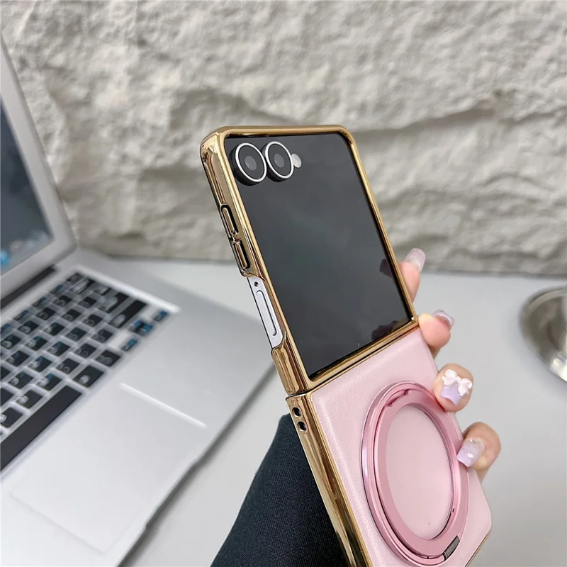 For Samsung Galaxy Z Flip7 5G Magnetic Case with Rotating Kickstand Nappa Texture PU TPU PC Phone Back Cover - Pink