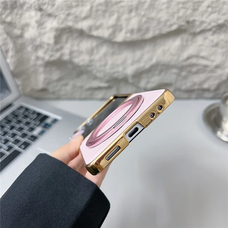 For Samsung Galaxy Z Flip7 5G Magnetic Case with Rotating Kickstand Nappa Texture PU TPU PC Phone Back Cover - Pink