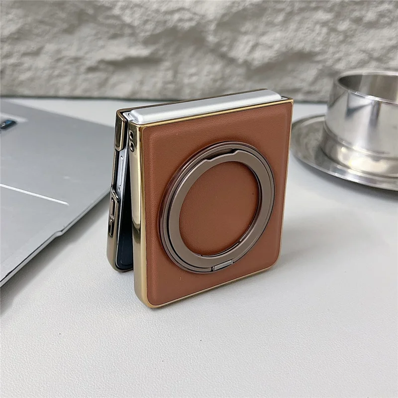 For Samsung Galaxy Z Flip7 5G Magnetic Case with Rotating Kickstand Nappa Texture PU TPU PC Phone Back Cover - Pink