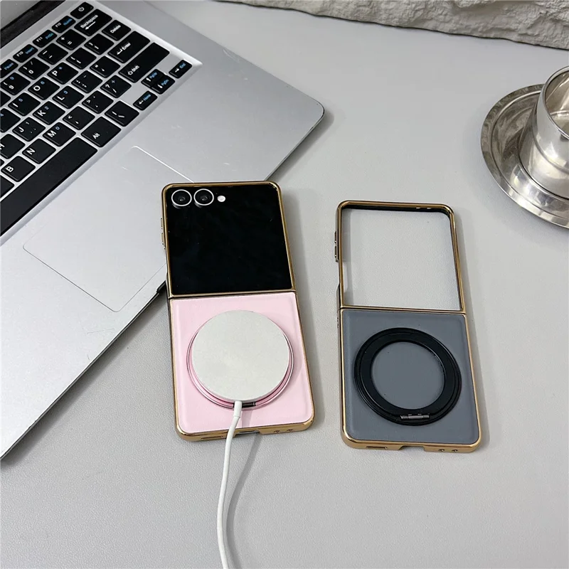 For Samsung Galaxy Z Flip7 5G Magnetic Case with Rotating Kickstand Nappa Texture PU TPU PC Phone Back Cover - Pink