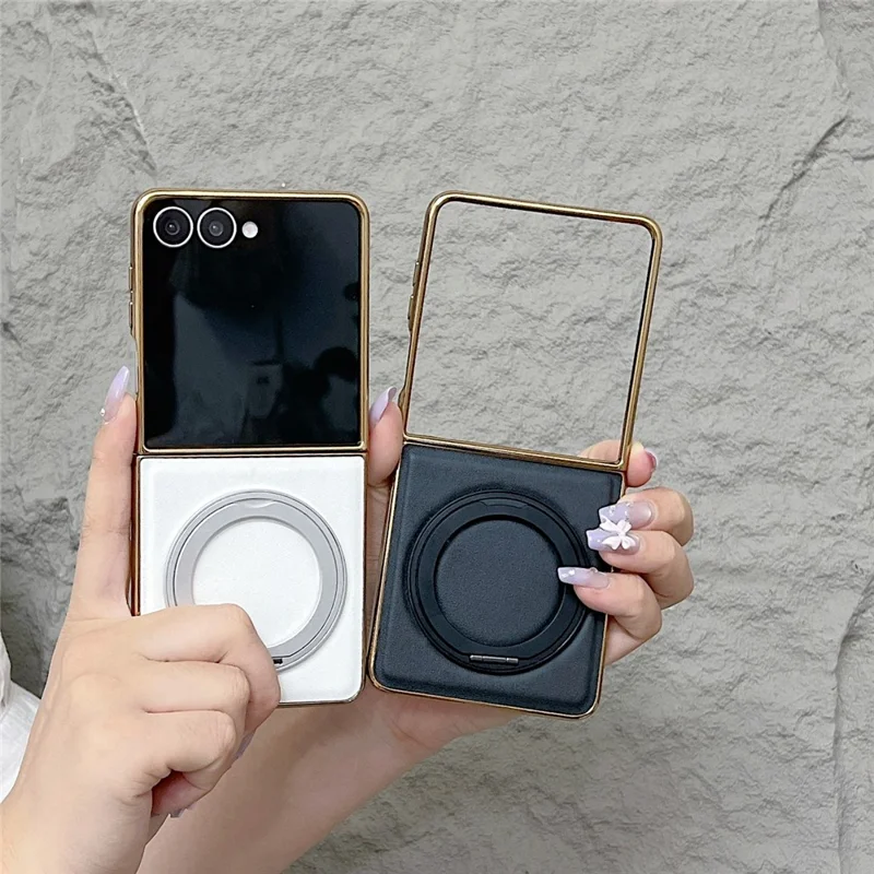 For Samsung Galaxy Z Flip7 5G Magnetic Case with Rotating Kickstand Nappa Texture PU TPU PC Phone Back Cover - Pink