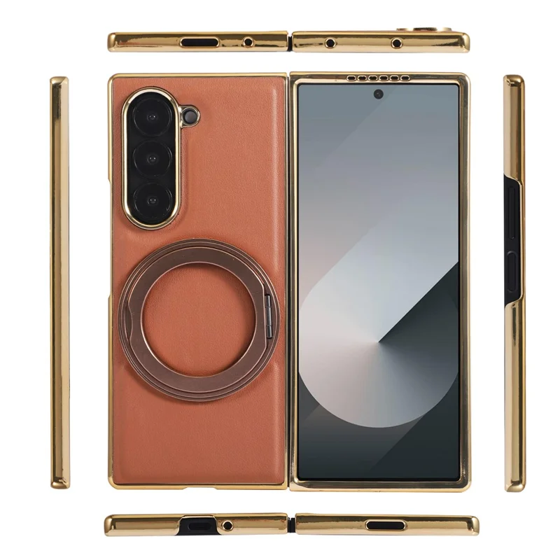 For Samsung Galaxy Z Fold7 5G Magnetic Case with Rotating Kickstand Nappa Texture PU TPU PC Phone Back Cover - Brown