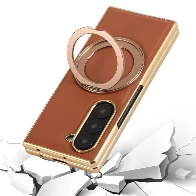 For Samsung Galaxy Z Fold7 5G Magnetic Case with Rotating Kickstand Nappa Texture PU TPU PC Phone Back Cover - Brown