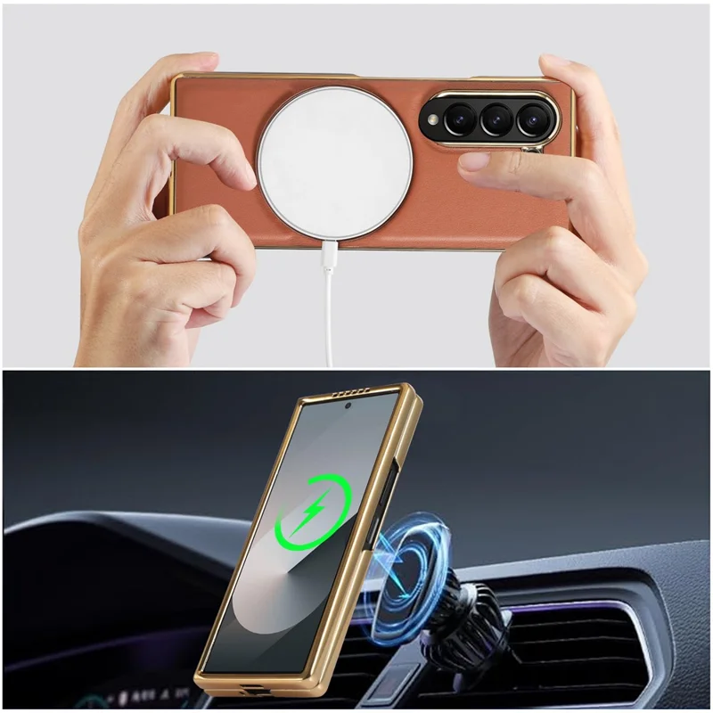 For Samsung Galaxy Z Fold7 5G Magnetic Case with Rotating Kickstand Nappa Texture PU TPU PC Phone Back Cover - Brown