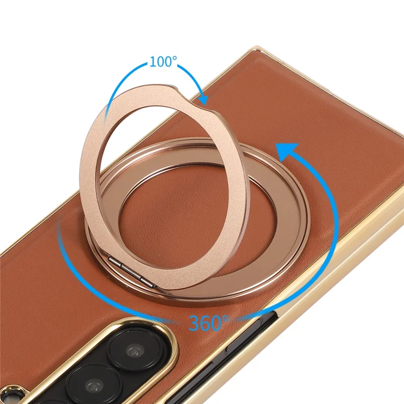 For Samsung Galaxy Z Fold7 5G Magnetic Case with Rotating Kickstand Nappa Texture PU TPU PC Phone Back Cover - Brown