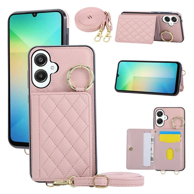 Чехол для Samsung Galaxy A06 4G / 5G / A07 с подставкой, ромбовидный, из кожи + TPU, с ремешком через плечо - Розовый