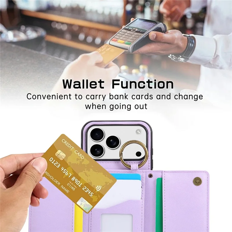 For iPhone 17 Pro Max Leather Back Cover Zipper Wallet Kickstand Phone Case with Shoulder Strap - Purple