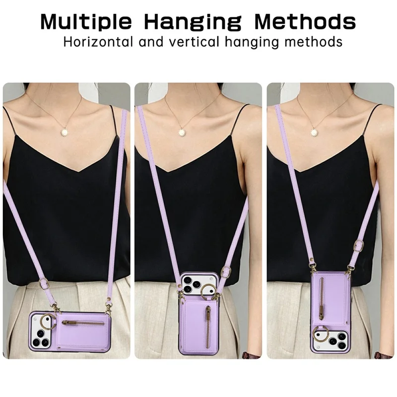 For iPhone 17 Pro Max Leather Back Cover Zipper Wallet Kickstand Phone Case with Shoulder Strap - Purple