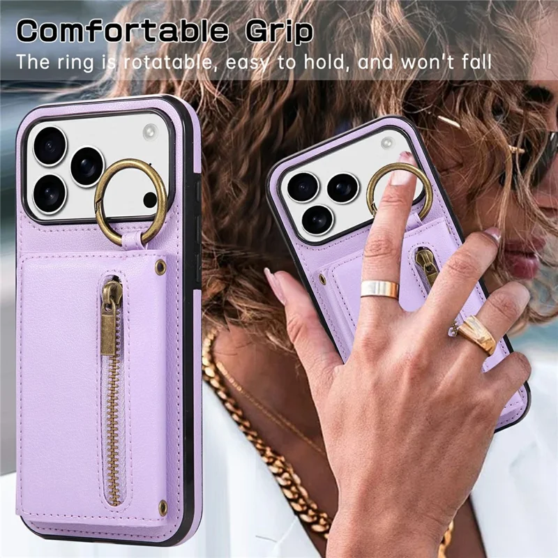For iPhone 17 Pro Max Leather Back Cover Zipper Wallet Kickstand Phone Case with Shoulder Strap - Purple