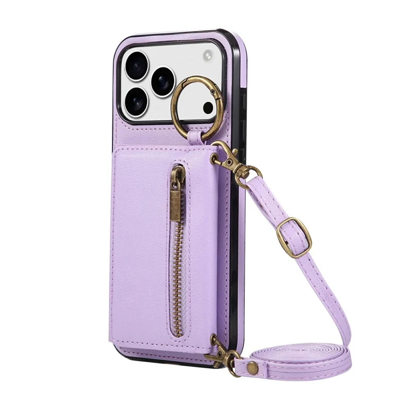 For iPhone 17 Pro Max Leather Back Cover Zipper Wallet Kickstand Phone Case with Shoulder Strap - Purple