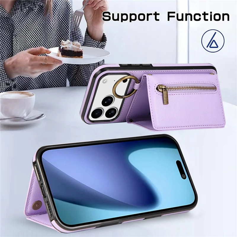 For iPhone 17 Pro Max Leather Back Cover Zipper Wallet Kickstand Phone Case with Shoulder Strap - Purple