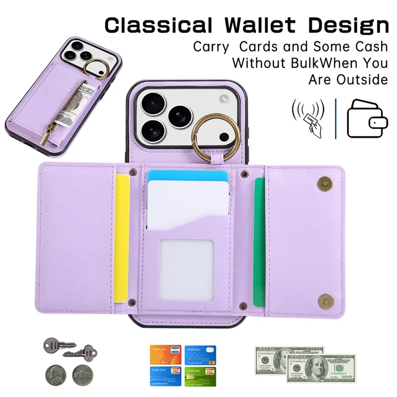 For iPhone 17 Pro Max Leather Back Cover Zipper Wallet Kickstand Phone Case with Shoulder Strap - Purple