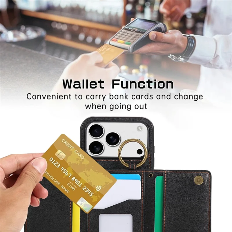 For iPhone 17 Pro Max Leather Back Cover Zipper Wallet Kickstand Phone Case with Shoulder Strap - Black
