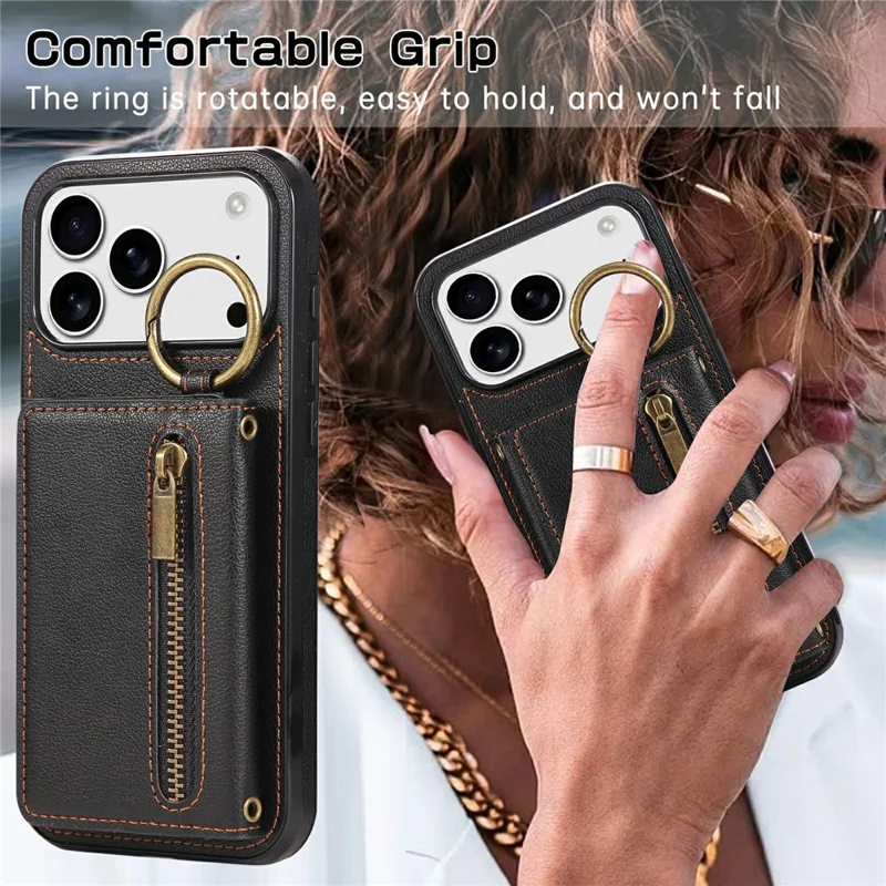 For iPhone 17 Pro Max Leather Back Cover Zipper Wallet Kickstand Phone Case with Shoulder Strap - Black