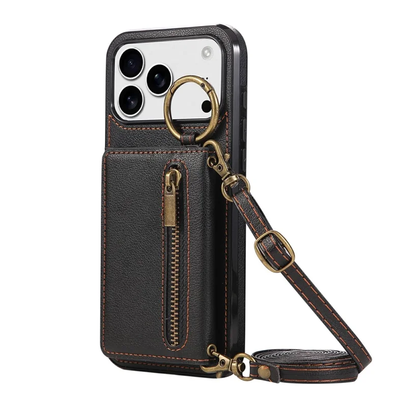 For iPhone 17 Pro Max Leather Back Cover Zipper Wallet Kickstand Phone Case with Shoulder Strap - Black