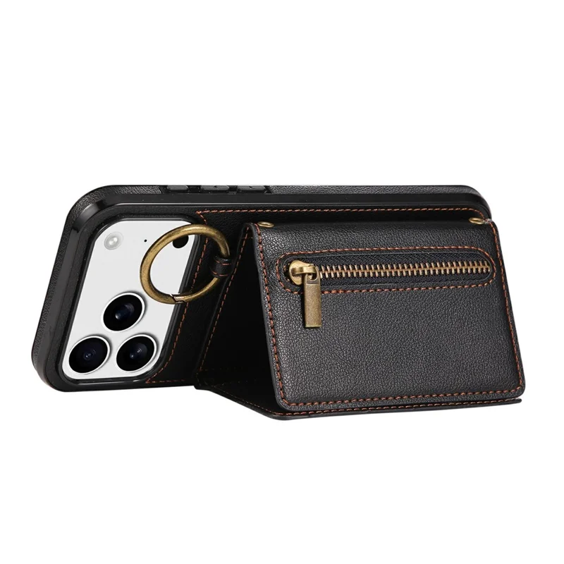 For iPhone 17 Pro Max Leather Back Cover Zipper Wallet Kickstand Phone Case with Shoulder Strap - Black