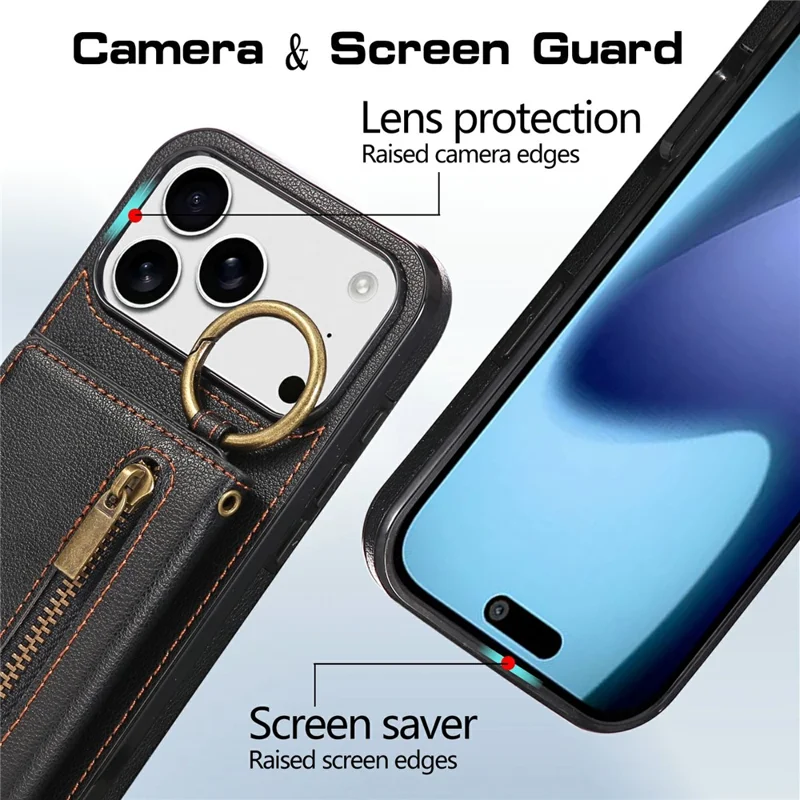 For iPhone 17 Pro Max Leather Back Cover Zipper Wallet Kickstand Phone Case with Shoulder Strap - Black
