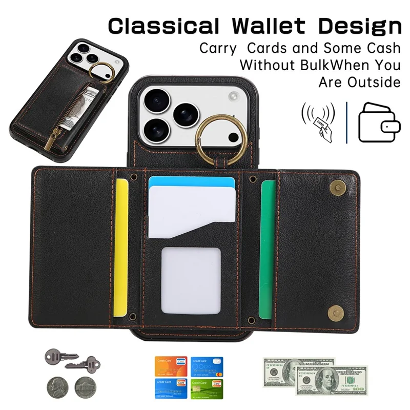 For iPhone 17 Pro Max Leather Back Cover Zipper Wallet Kickstand Phone Case with Shoulder Strap - Black