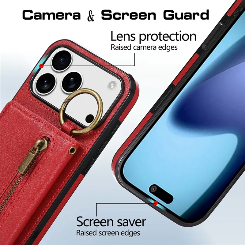 Чехол для iPhone 17 Pro из кожи с отделением для карт, подставкой и ремешком через плечо - Красный