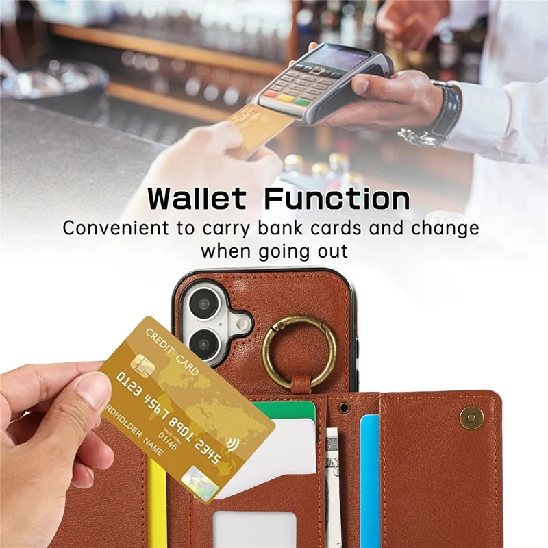 For iPhone 17 Leather Back Cover Zipper Wallet Kickstand Phone Case with Shoulder Strap - Brown