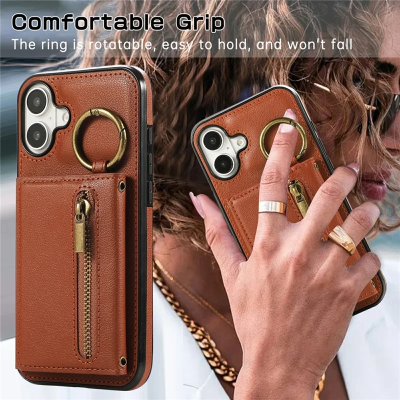 For iPhone 17 Leather Back Cover Zipper Wallet Kickstand Phone Case with Shoulder Strap - Brown