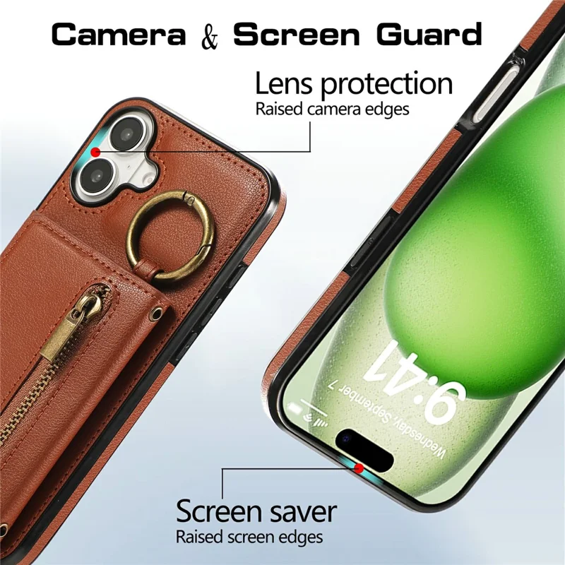 For iPhone 17 Leather Back Cover Zipper Wallet Kickstand Phone Case with Shoulder Strap - Brown