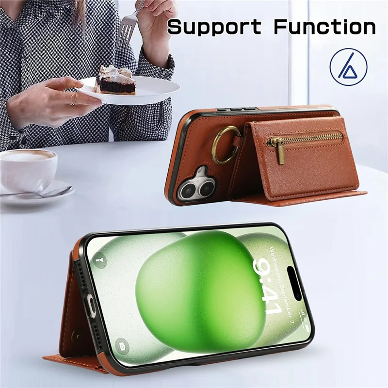 For iPhone 17 Leather Back Cover Zipper Wallet Kickstand Phone Case with Shoulder Strap - Brown