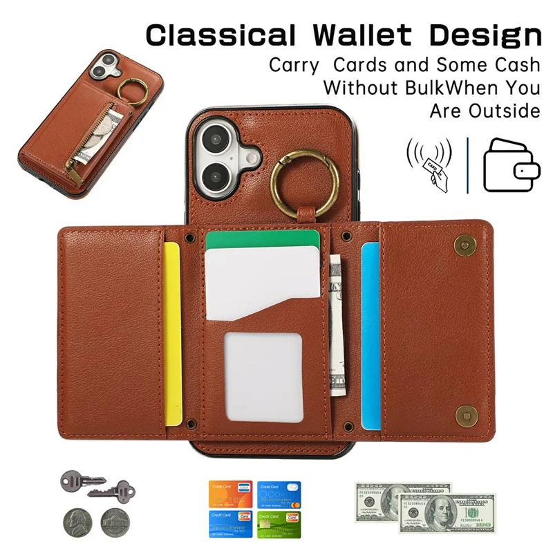 For iPhone 17 Leather Back Cover Zipper Wallet Kickstand Phone Case with Shoulder Strap - Brown