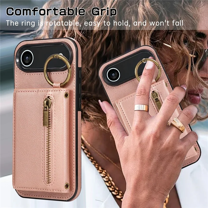 Чехол для iPhone 17 с кожаной задней крышкой, застежкой-молнией, подставкой и плечевым ремнем - розовый