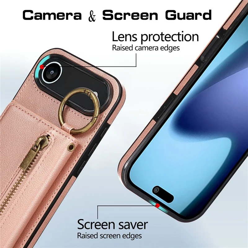 Чехол для iPhone 17 с кожаной задней крышкой, застежкой-молнией, подставкой и плечевым ремнем - розовый