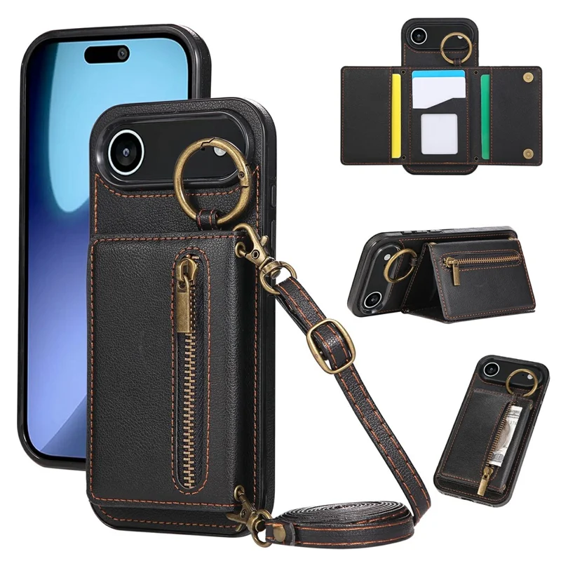 Étui de téléphone pour iPhone 17 en cuir avec dos zippé, support et bandoulière - Noir
