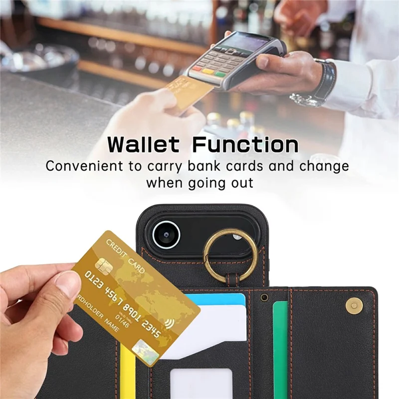Étui de téléphone pour iPhone 17 en cuir avec dos zippé, support et bandoulière - Noir