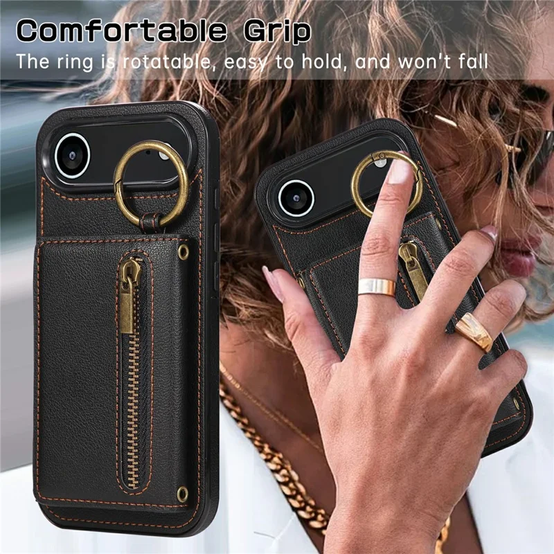 Étui de téléphone pour iPhone 17 en cuir avec dos zippé, support et bandoulière - Noir