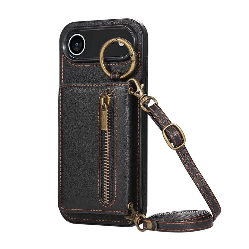 Étui de téléphone pour iPhone 17 en cuir avec dos zippé, support et bandoulière - Noir
