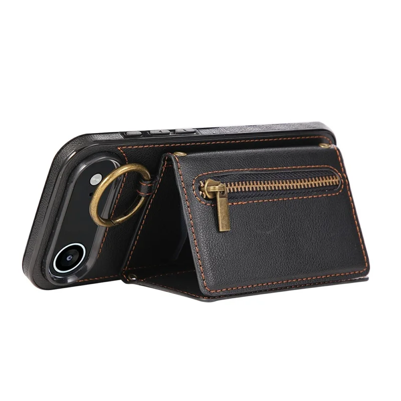 Étui de téléphone pour iPhone 17 en cuir avec dos zippé, support et bandoulière - Noir