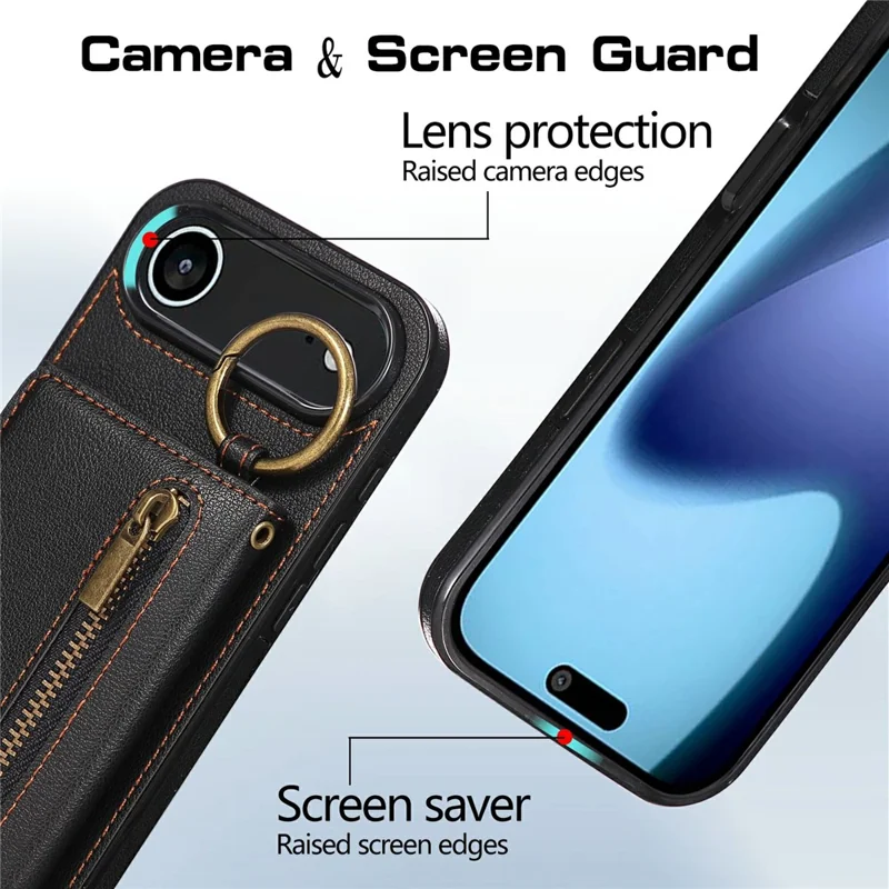 Étui de téléphone pour iPhone 17 en cuir avec dos zippé, support et bandoulière - Noir