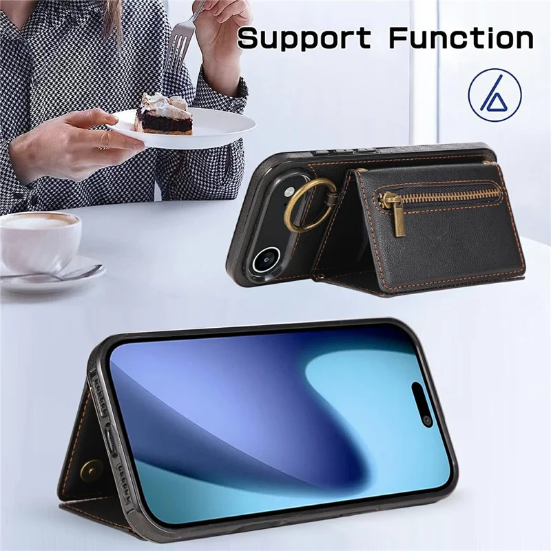 Étui de téléphone pour iPhone 17 en cuir avec dos zippé, support et bandoulière - Noir