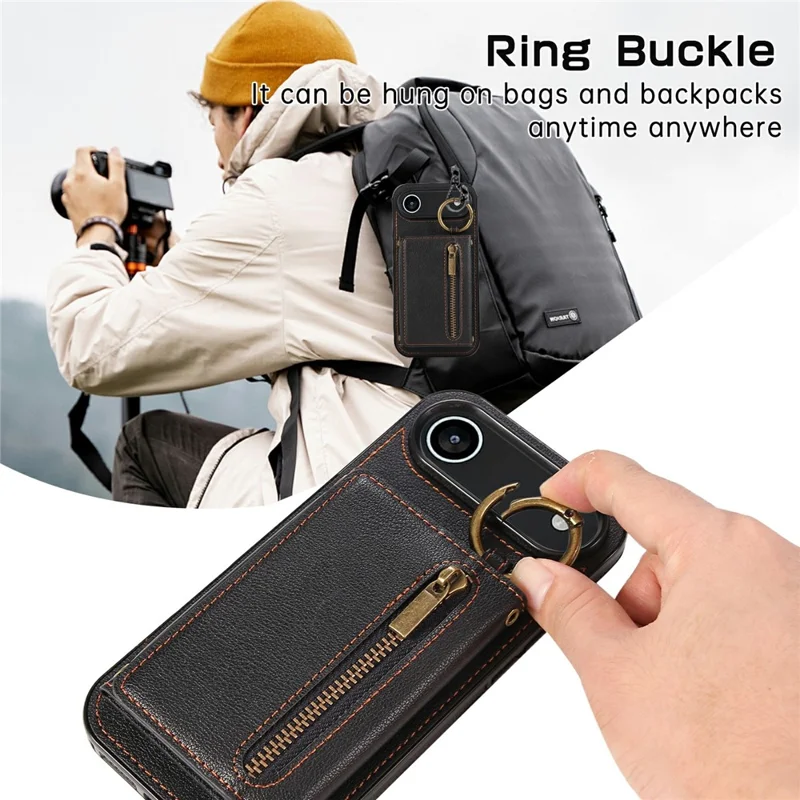 Étui de téléphone pour iPhone 17 en cuir avec dos zippé, support et bandoulière - Noir