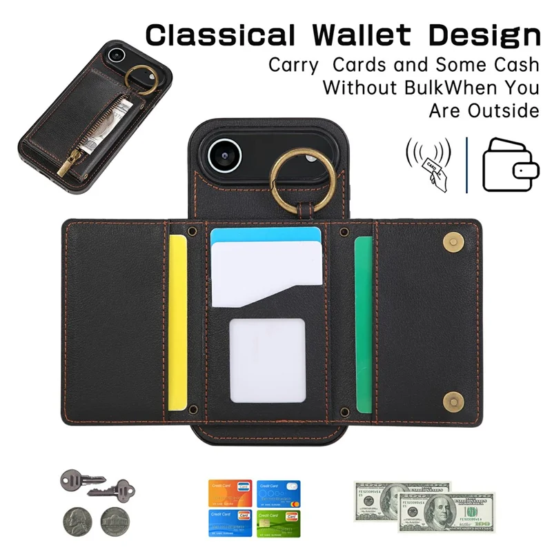 Étui de téléphone pour iPhone 17 en cuir avec dos zippé, support et bandoulière - Noir