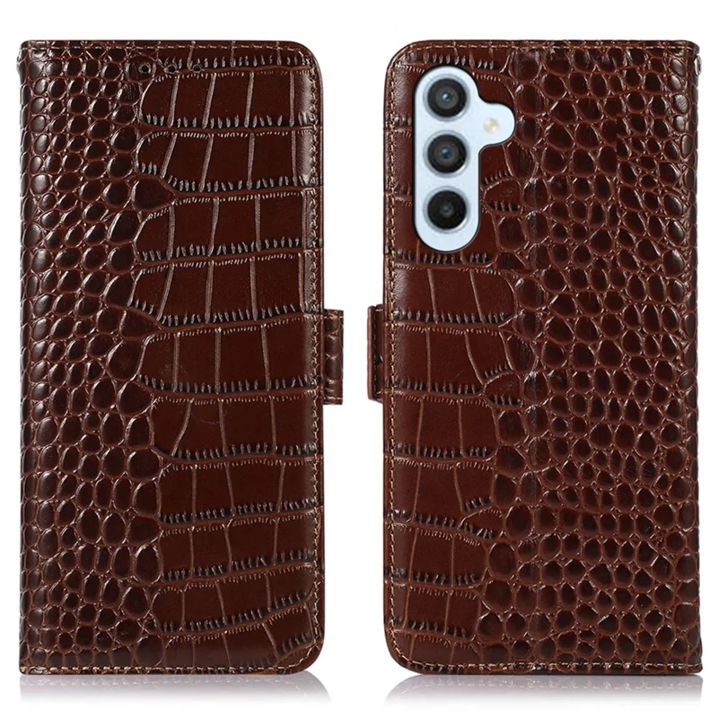 For Samsung Galaxy S25 FE Case RFID Blocking Wallet Crocodile Texture Genuine Cow Leather Phone Cover - Brown