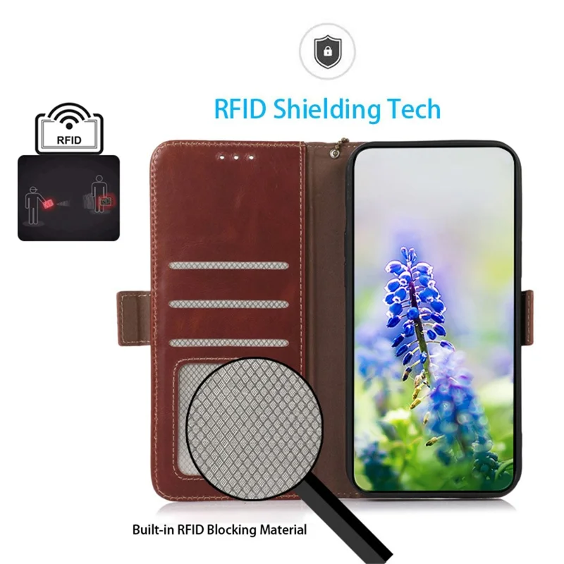 Voor Samsung Galaxy S25 FE hoesje met RFID-blokkering Echt lederen portemonnee hoesje - Bruin