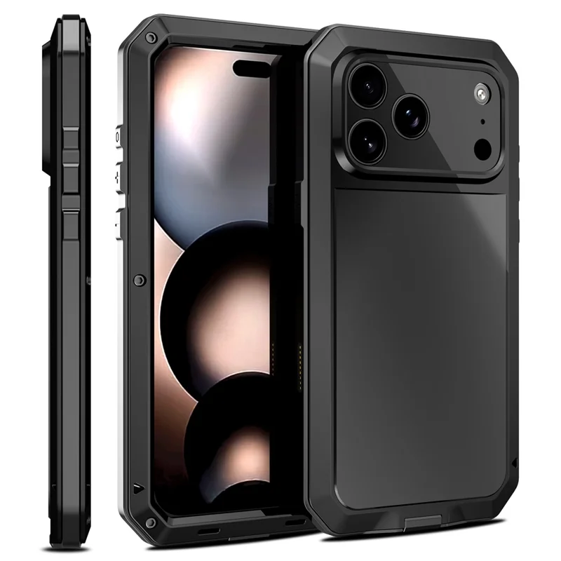 For iPhone 17 Pro Case Silicone + Metal Phone Cover with Tempered Glass Screen Protector - Black