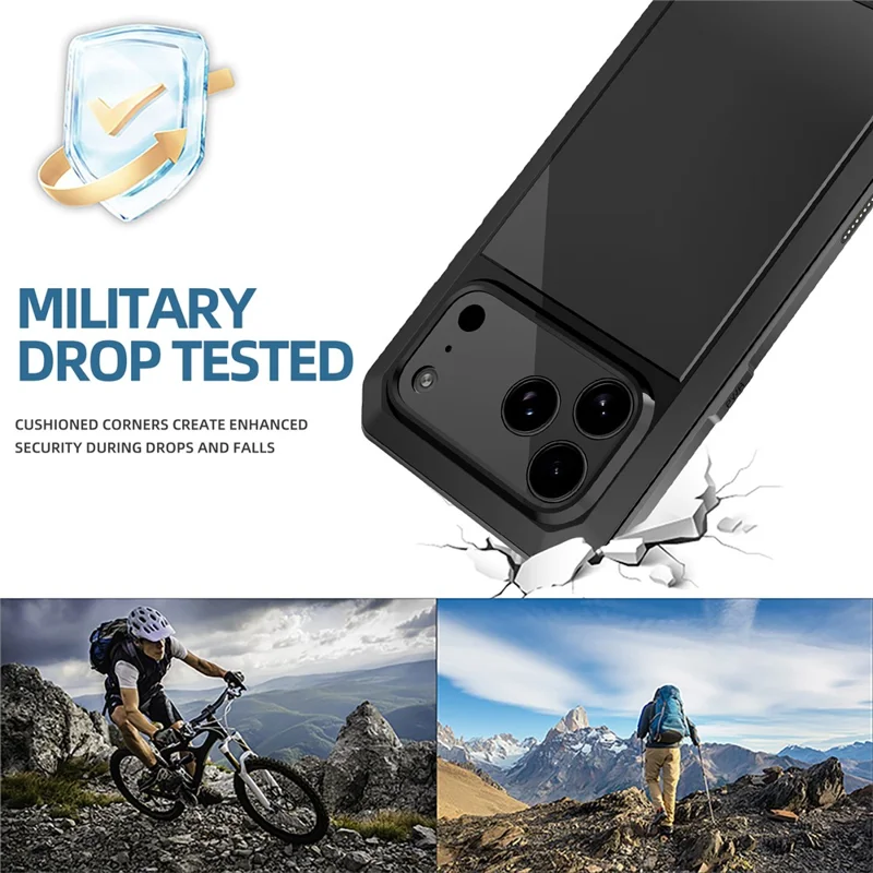For iPhone 17 Pro Case Silicone + Metal Phone Cover with Tempered Glass Screen Protector - Black