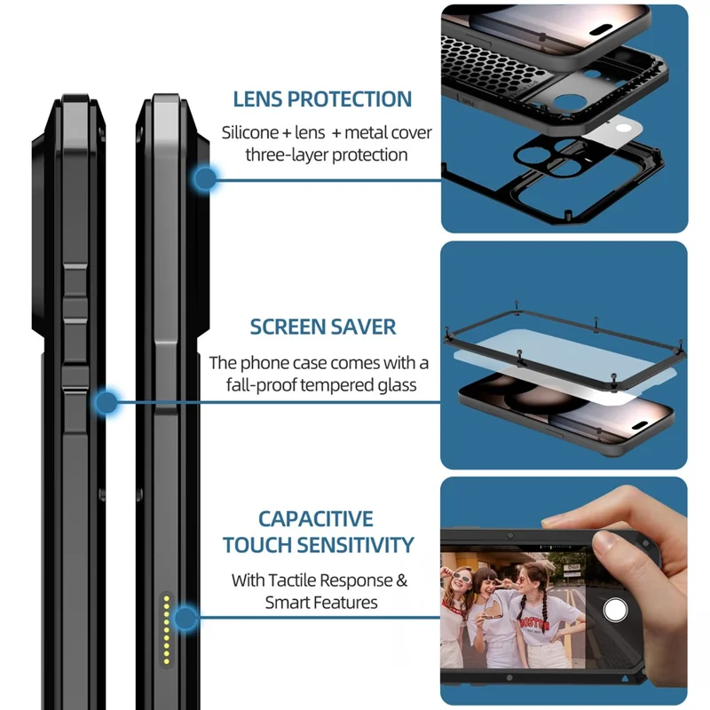 For iPhone 17 Pro Case Silicone + Metal Phone Cover with Tempered Glass Screen Protector - Black