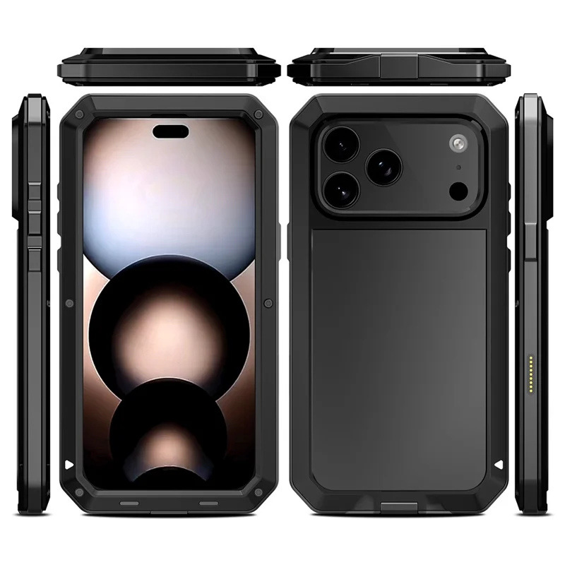 For iPhone 17 Pro Case Silicone + Metal Phone Cover with Tempered Glass Screen Protector - Black