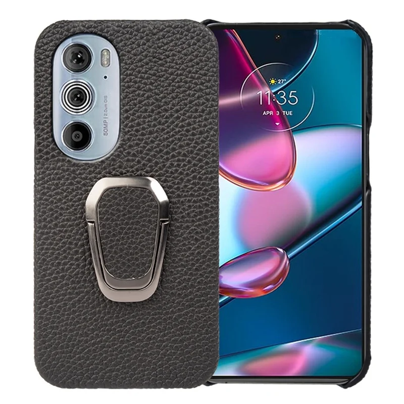 Para Motorola Edge 30 Pro (Motorola Edge+(2022)) Litchi Textura Genuine Coated PC Kickstand Case Anti-arranhão Tampa - Preto
